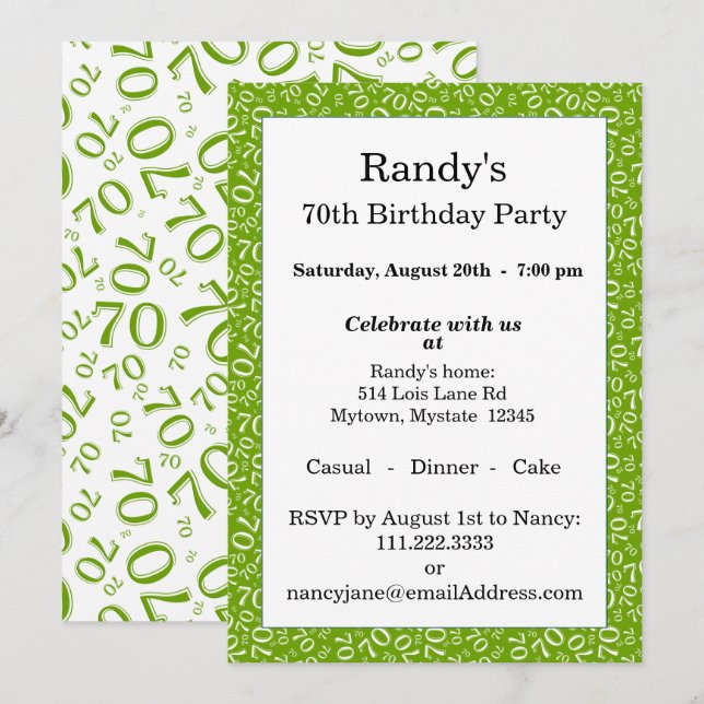 70 Random Number Pattern Green/White 70th Invitation (Front/Back)