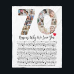 70 Reasons Why We Love You 70th Birthday Collage Fleece Blanket<br><div class="desc">Celebrate love and create lasting memories with this Reasons Why I Love You Photo Collage. This customisable template allows you to craft a heartfelt and personalised gift that's perfect for various occasions, from wedding anniversaries to birthdays, Valentine's Day, or just because. Reasons Why I Love You - Express your love...</div>