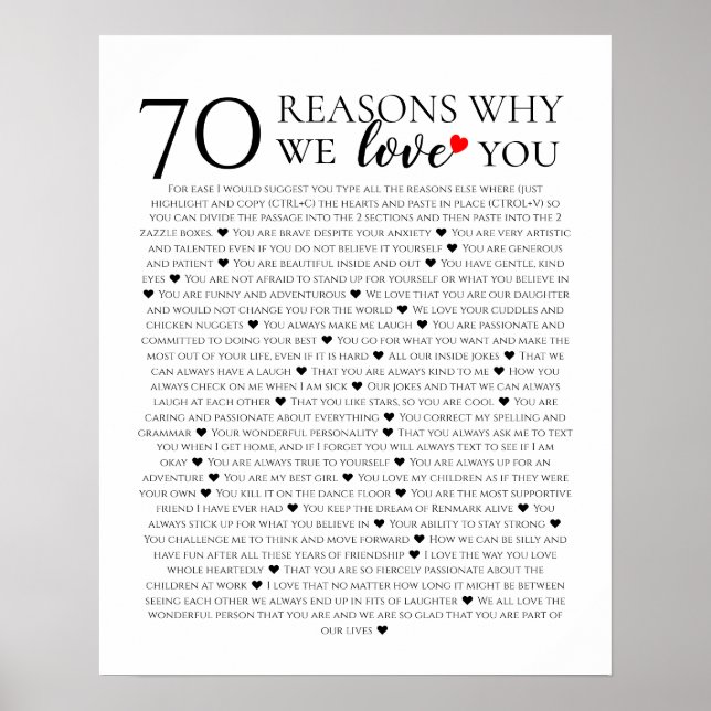 70 reasons why we love you 80th 60th 50th birthday poster (Front)
