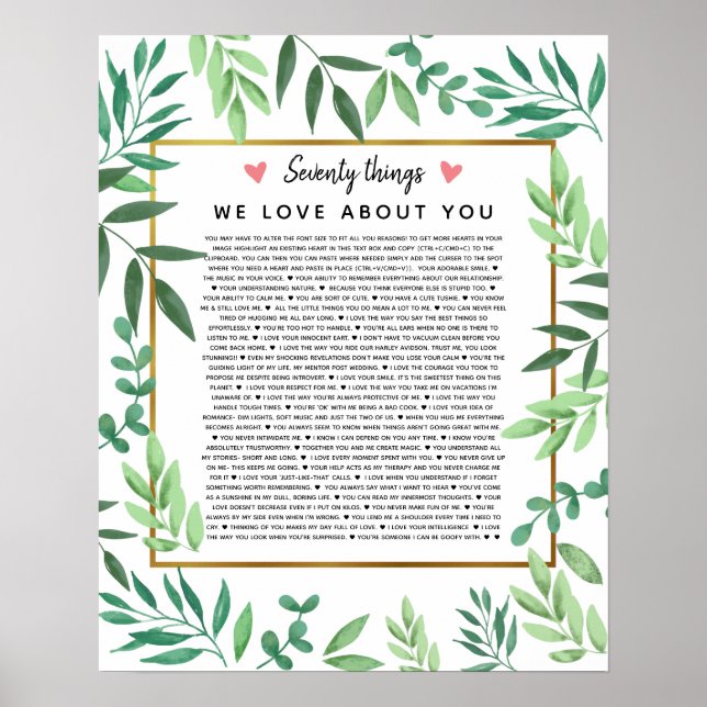 70 reasons why we love you birthday foliage poster (Front)