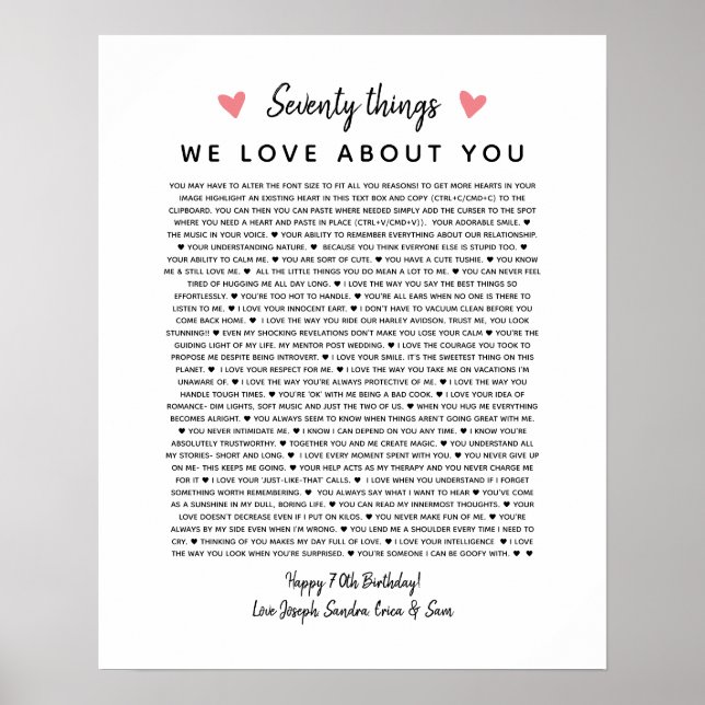 70 reasons why we love you birthday gift for him poster (Front)