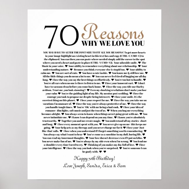 70 reasons why we love you birthday gift for him poster (Front)