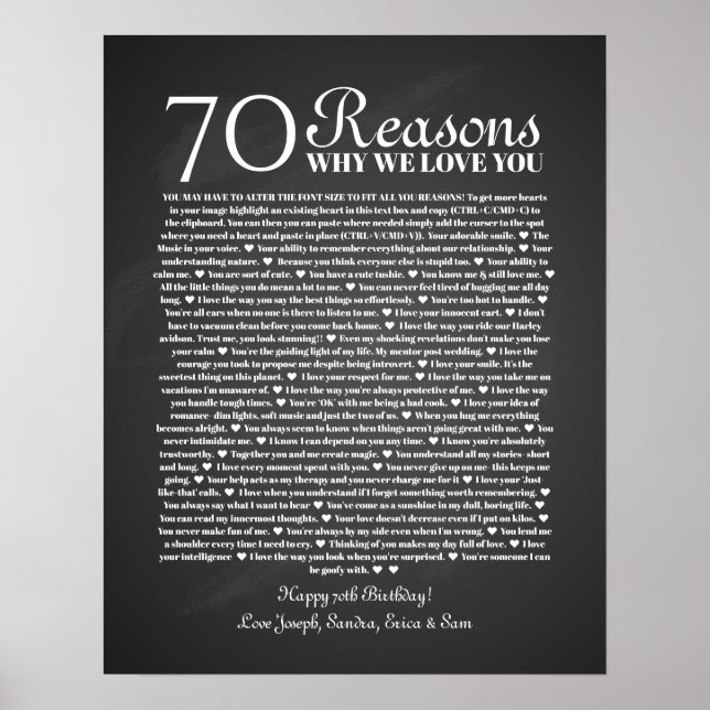 70 reasons why we love you birthday gift for him poster (Front)