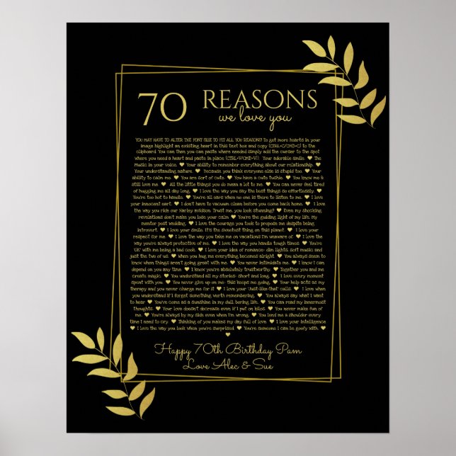 70 reasons why we love you black and gold leaves poster (Front)