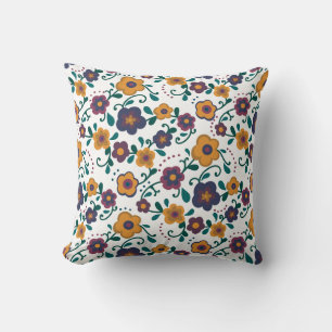 70’s Folk Art Ditzy Retro Daisy in Jewel Tones Cushion