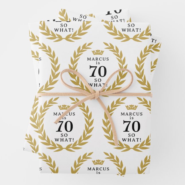 70 So what Funny Laurel Wreath Crown 70th Birthday Wrapping Paper Sheet (In situ)
