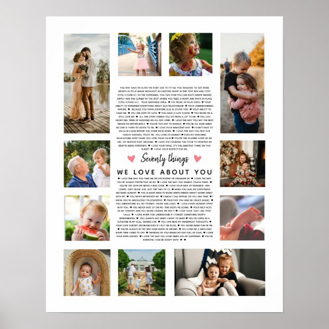 70 things we love about you birthday photo gift poster (Front)