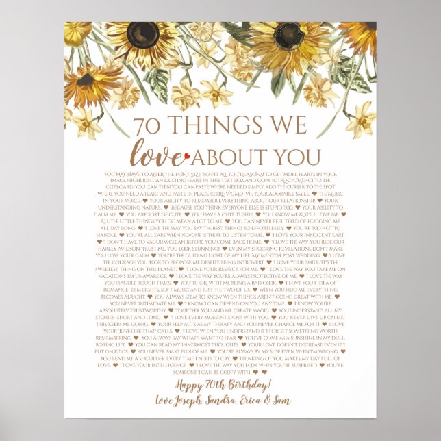 70 things we love about you sunflowers poster (Front)