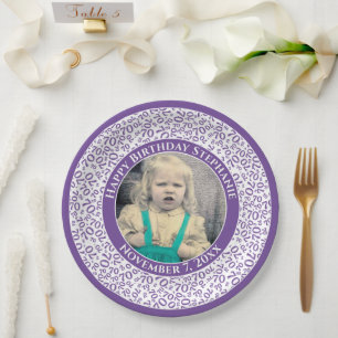 70 Your Photo Random Number Pattern Purple/White Paper Plate