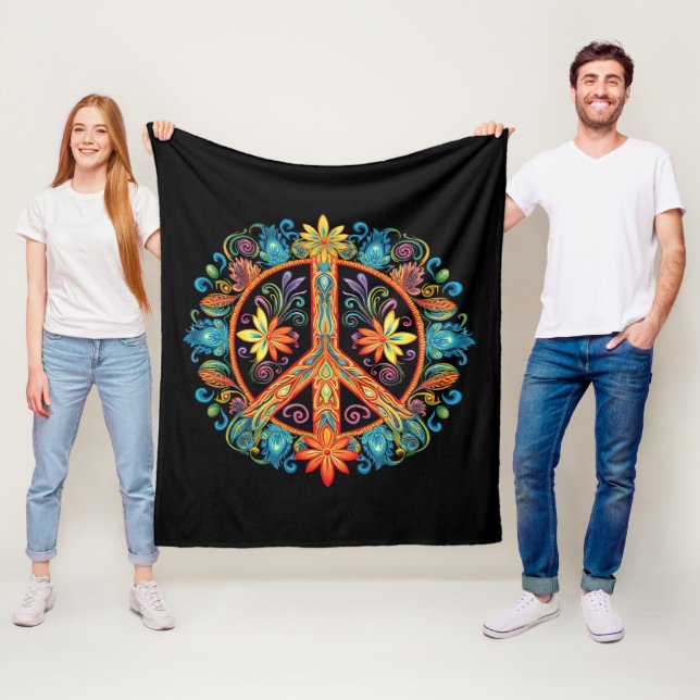 70s 60s Peace Sign Colourful Fleece Blanket (In Situ)