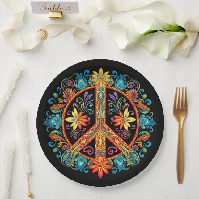 70s 60s Peace Sign Colourful Paper Plate (Wedding)