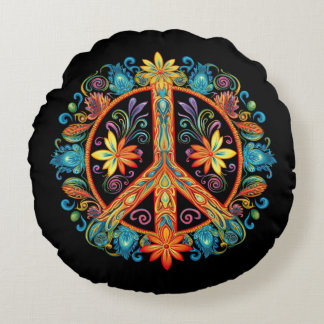 70s 60s Peace Sign Colourful Round Cushion