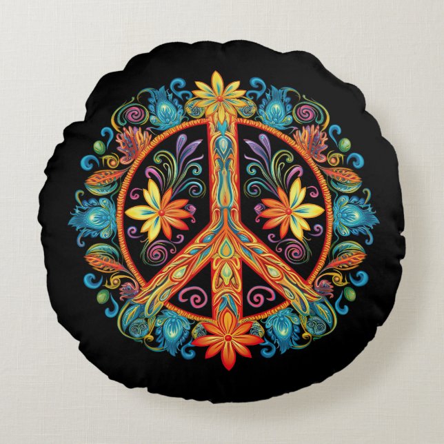 70s 60s Peace Sign Colourful Round Cushion (Front)