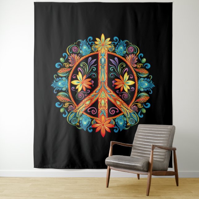 70s 60s Peace Sign Colourful Tapestry (In Situ)