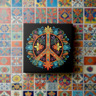 70s 60s Peace Sign Colourful Tile
