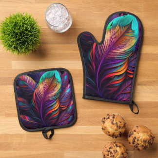 70s 60s Psychedelic Feathers  Oven Mitt & Pot Holder Set