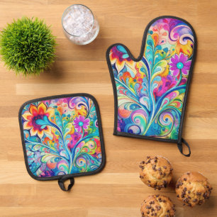 70s 60s Psychedelic Hippy Retro Hip Oven Mitt & Pot Holder Set