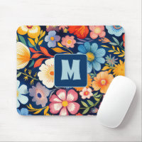 70s 60s Retro Floral Monogram Blue and Orange 