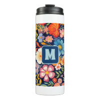 70s 60s Retro Floral Monogram Blue and Orange 