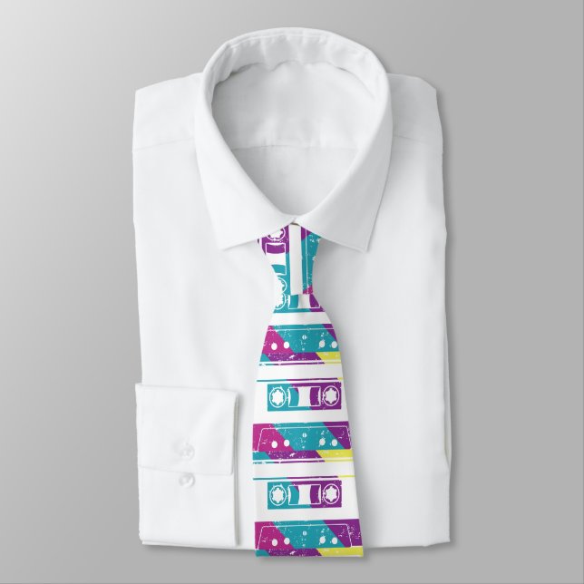 70s 80s Cassette Tape Pattern Retro Tie (Tied)