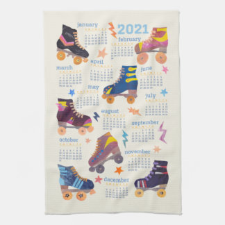 70s 80s Nostalgia Collage Roller Skates Calendar Tea Towel
