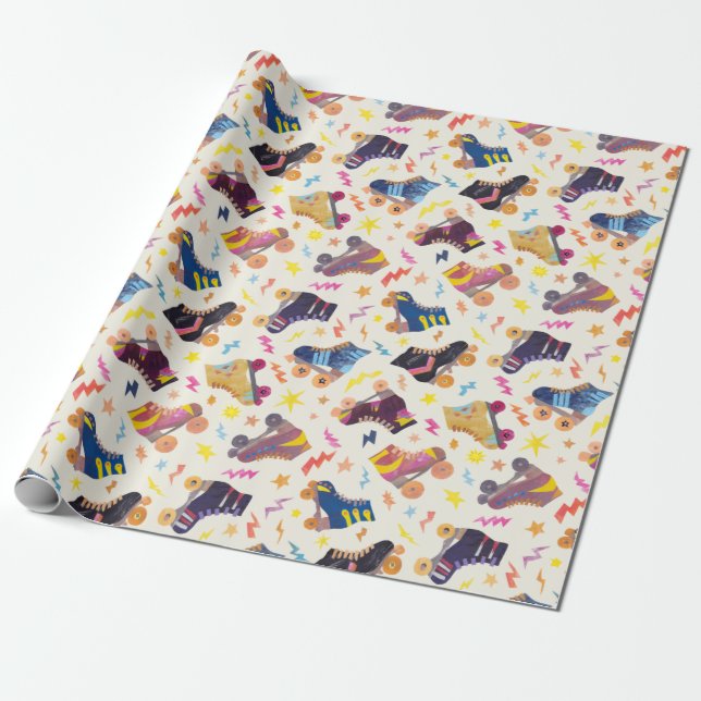 70s 80s  Nostalgia Collage Roller Skates Wrapping Paper (Unrolled)