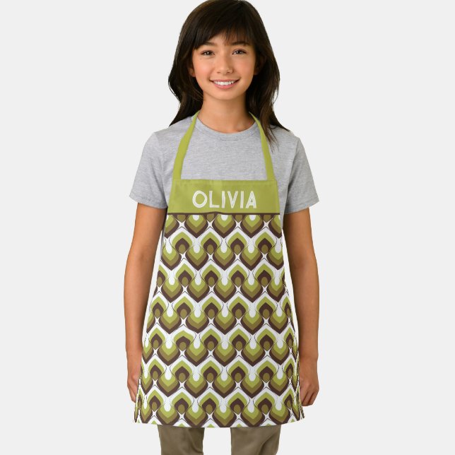 70s Bold Modern Retro Ogee Motif in Greens Apron (Insitu)