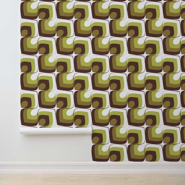 70s Bold Modern Retro Ogee Motif in Greens Wallpaper (Application)