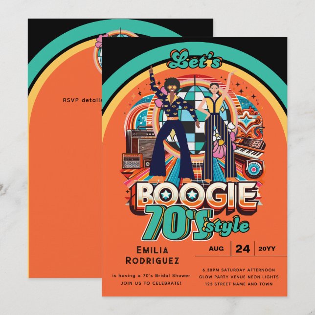 70s Boogie Retro Disco Dancing Bridal Bachelorette Invitation (Front/Back)