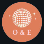 70s Disco Ball Sparkles Retro Wedding Initials  Classic Round Sticker<br><div class="desc">Immerse your wedding in the lively spirit of 70s disco with a radiant theme exuding fun and playfulness. Elevate the retro-fun ambiance with this charming disco ball sticker, adding the perfect touch to your celebration. Tailor the background colour, fonts, and font colours to your liking. I've carefully curated a palette...</div>