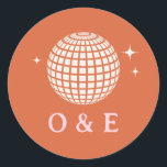 70s Disco Ball Sparkles Retro Wedding Initials  Classic Round Sticker<br><div class="desc">Immerse your wedding in the lively spirit of 70s disco with a radiant theme exuding fun and playfulness. Elevate the retro-fun ambiance with this charming disco ball sticker, adding the perfect touch to your celebration. Tailor the background colour, fonts, and font colours to your liking. I've carefully curated a palette...</div>