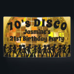 70's Disco Birthday | Gold Glitter Ball Banner<br><div class="desc">A fun snazzy 70's Disco themed birthday party banner in black and gold. People dancing with a cool gold glitter ball background and 60's / 70's / 80's text. All text can be personalised for example "birthday party",  "happy birthday",  name and age etc.</div>