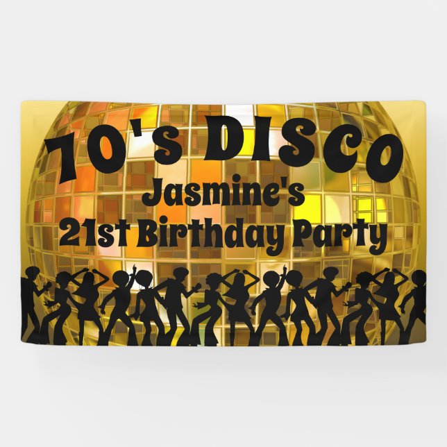 70's Disco Birthday | Gold Glitter Ball Banner (Horizontal)