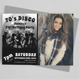 70's Disco Birthday Photo   Silver Glitter Ball Invitation