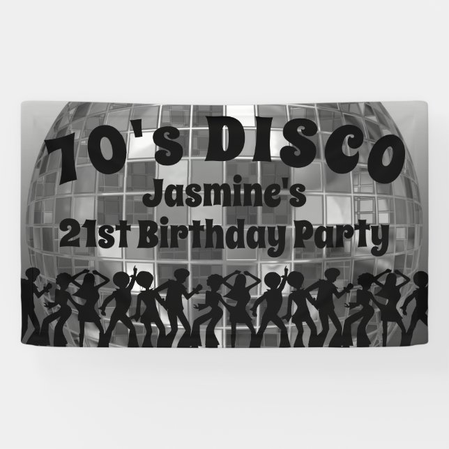 70's Disco Birthday | Silver Glitter Ball Banner (Horizontal)