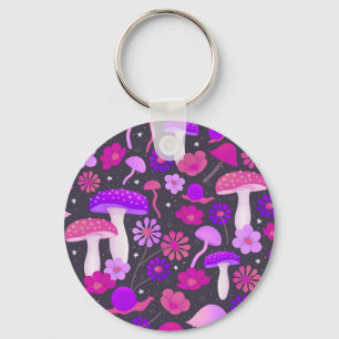 70s Floral Mushrooms Vibrant Pink, Purple & Black Key Ring