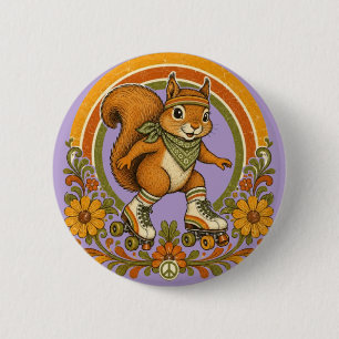 70s Groovy Roller Skating Squirrel 6 Cm Round Badge
