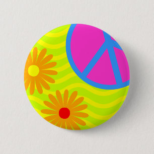 70's Hippie Peace Sign and Flowers 6 Cm Round Badge
