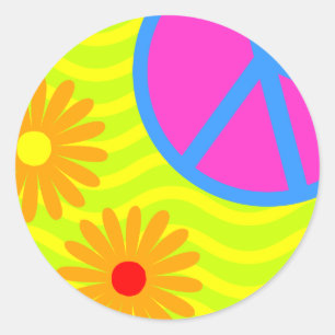 70's Hippie Peace Sign and Flowers Classic Round Sticker