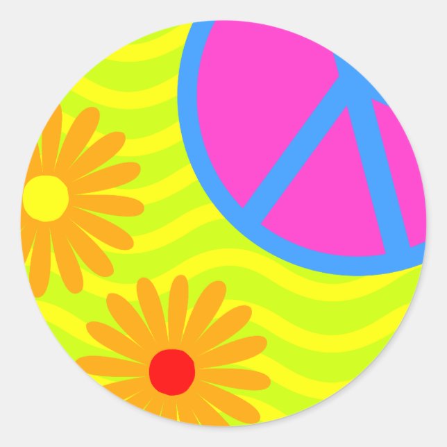 70's Hippie Peace Sign and Flowers Classic Round Sticker (Front)