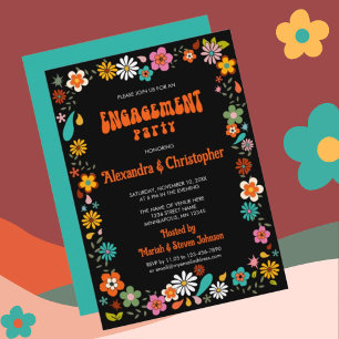 70's inspired Funky Black background Engagement Invitation