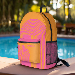 70s Inspired Line Art - Orange Pink Rainbow Arch Printed Backpack
