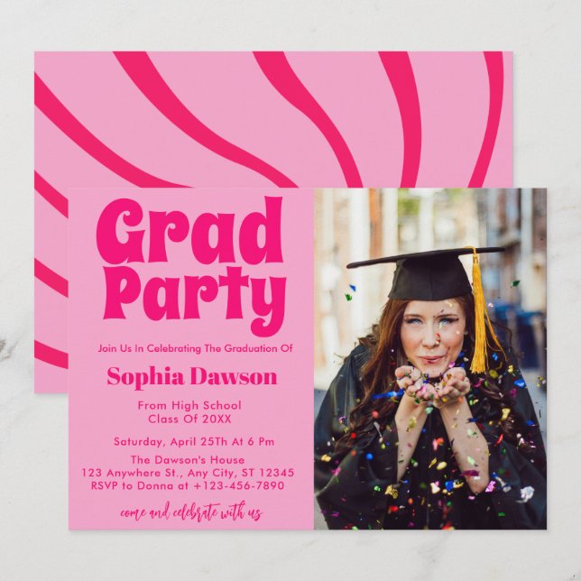 70s-Inspired Retro Graduation Party Photo  Invitation (Front/Back)