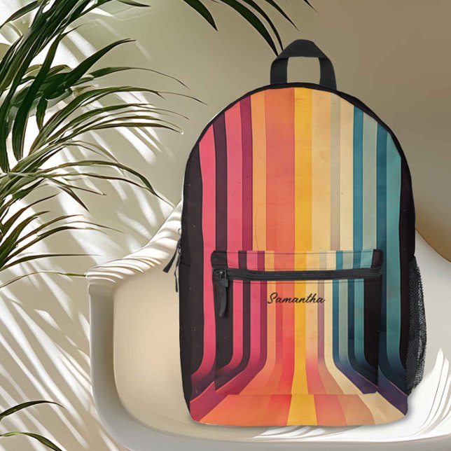 70s Inspired Retro Stripes Custom Name  Printed Backpack (Bring back those vintage vibes with this bold and colorful backpack.)