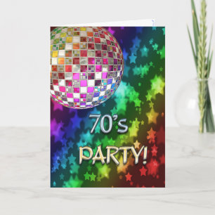 70s invitation with disco ball and rainbow of star