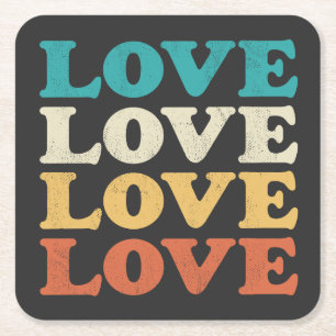 70s Love Retro Distressed Repeat Type Square Paper Coaster