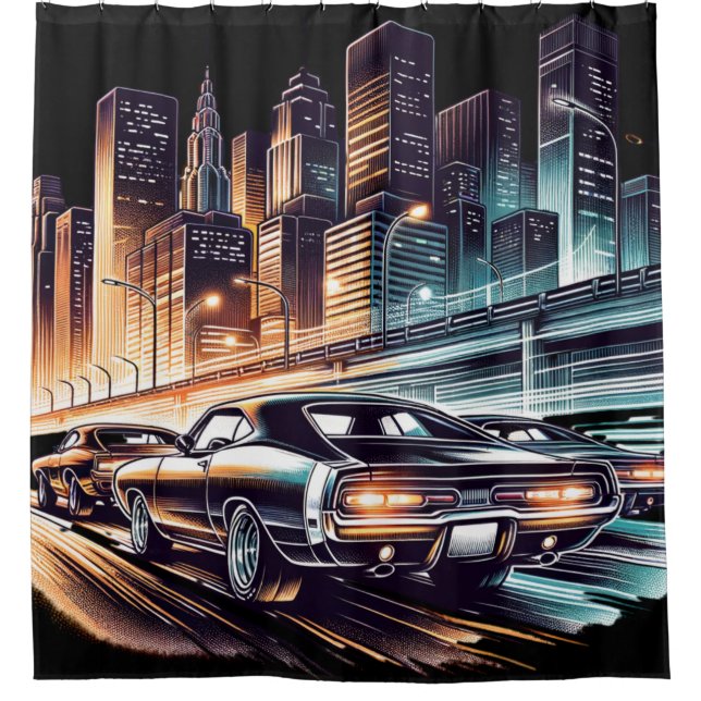  70s Muscle Car Cityscape Shower Curtain (Front)