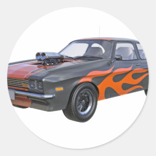 70's Muscle Car in Orange Flames and Black Classic Round Sticker