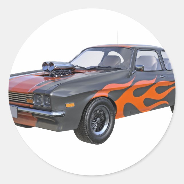 70's Muscle Car in Orange Flames and Black Classic Round Sticker (Front)