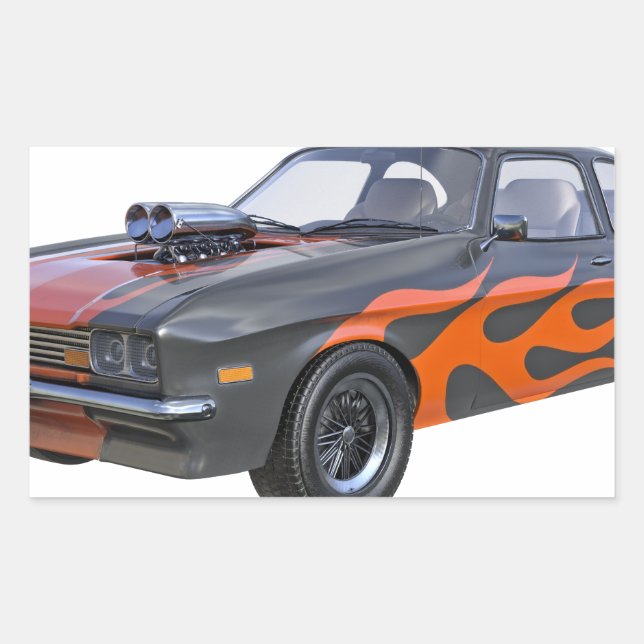 70's Muscle Car in Orange Flames and Black Rectangular Sticker (Front)
